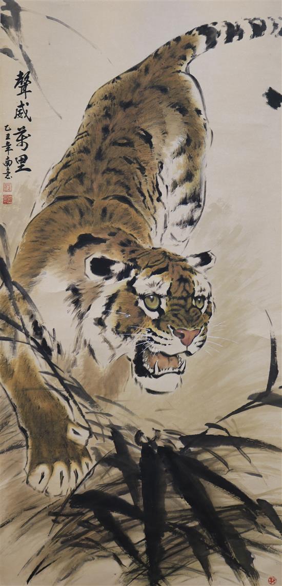 A Chinese scroll, painted over-print of a tiger